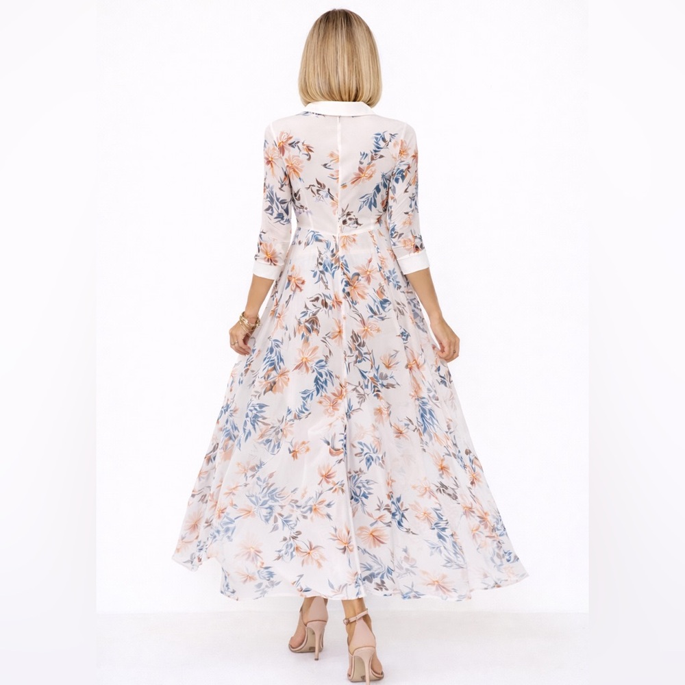 Floral Collared Chiffon Maxi Dress Button Front Lined Small - Picture 2 of 4